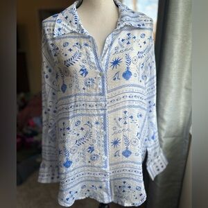 Peach~Sheer Button Up Greek White And Blue Evil Eye Sun Moon Stars~Medium